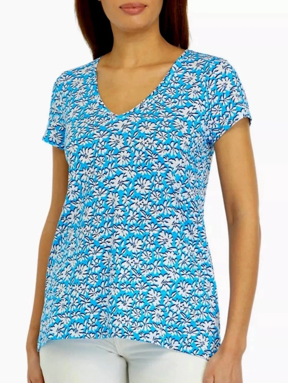 Lilly Pulitzer Top Women's M Luna Blue Etta V-Neck Cotton Tee Palm Beach Petals